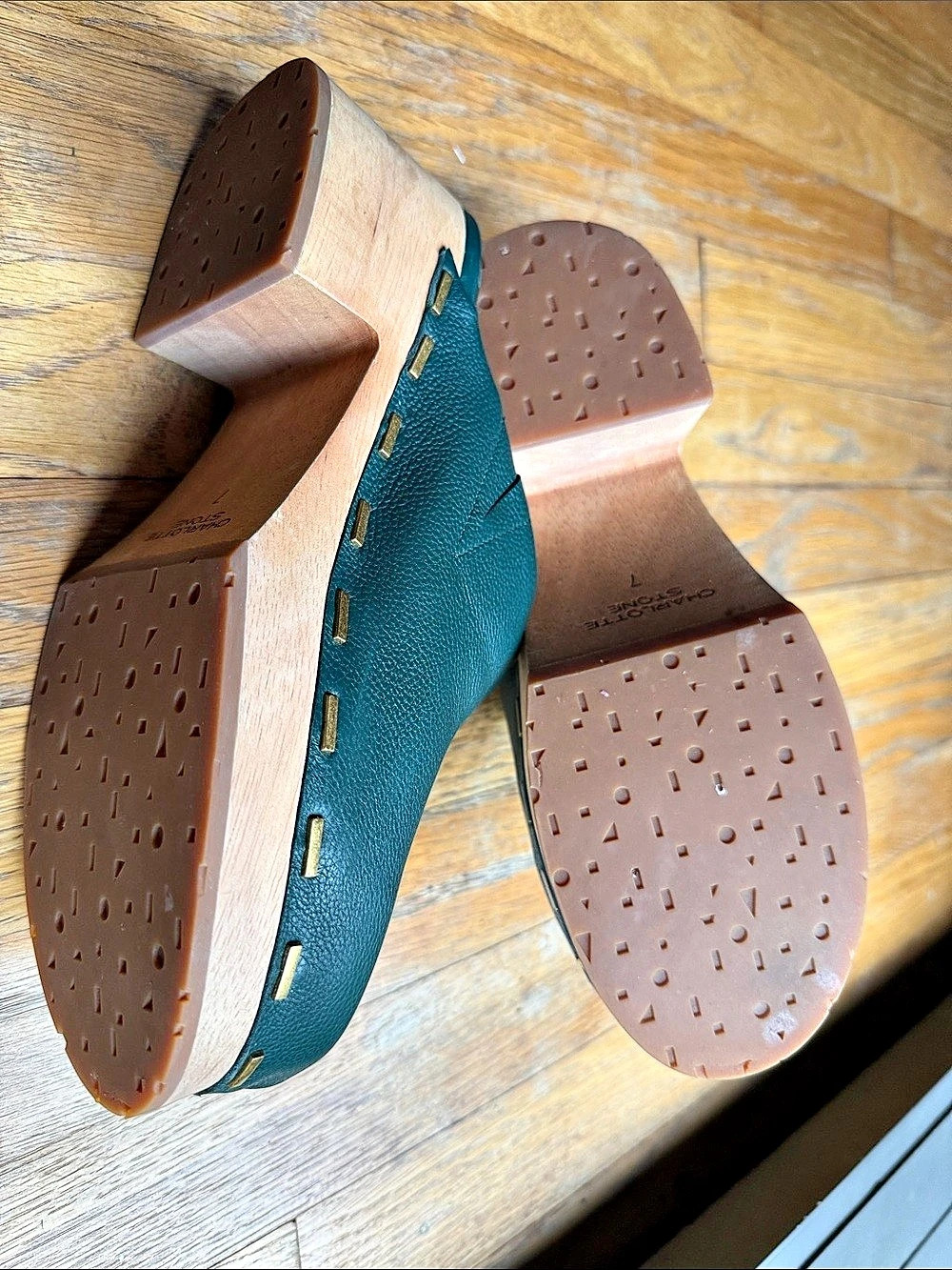 Charlotte Stone Wooden Heel Clogs in Green - Picture 9 of 9